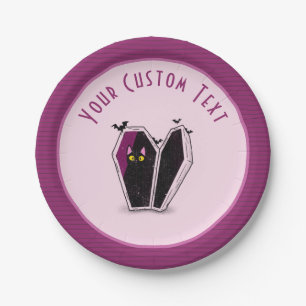Cute Black Cat in a Coffin Pink Halloween Girly    Paper Plates