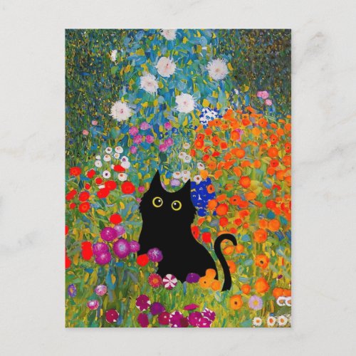 Cute Black cat in a flower garden Gustav Klimt Postcard