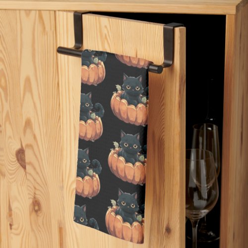 Cute Black Cat in a Pumpkin Pattern Halloween Kitchen Towel