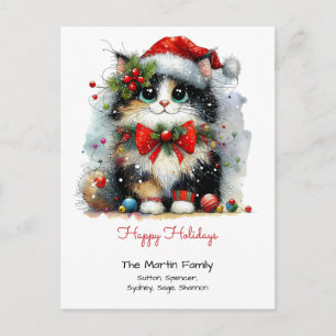 Cute Black Cat in a Santa Cap Happy Holidays Postcard