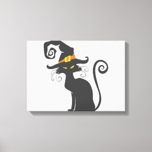 Cute black cat in a witch hat - Choose background Canvas Print