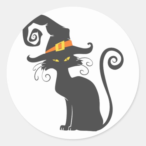 Cute black cat in a witch hat _ Choose background Classic Round Sticker