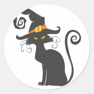 Cute black cat in a witch hat - Choose background Classic Round Sticker