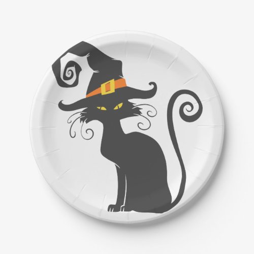 Cute black cat in a witch hat _ Choose background Paper Plates