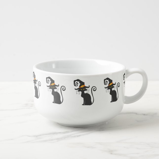 Cute black cat in a witch hat - Choose background Soup Mug (Left)