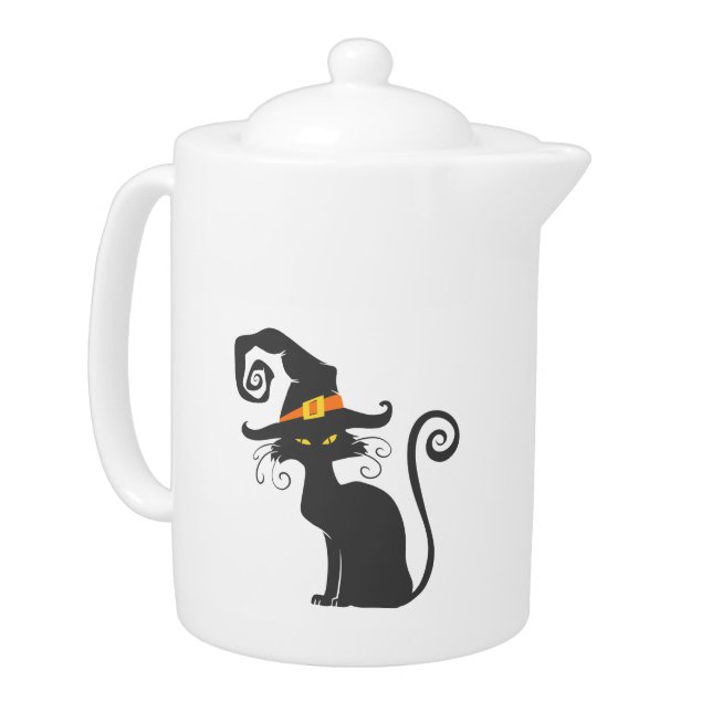 Cute black cat in a witch hat - Choose background Teapot (Left)
