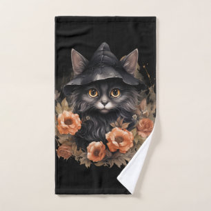 Cute Black Cat in a Witch's Hat Bath Towel Set