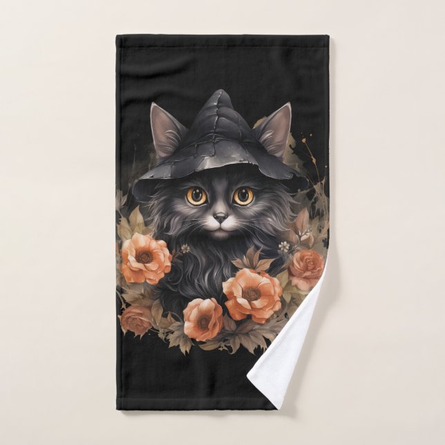 Cute Black Cat in a Witch's Hat Bath Towel Set (Hand Towel)