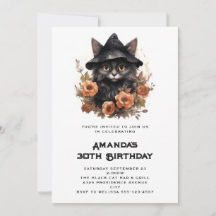 Cute Black Cat in a Witch's Hat Birthday Invitation
