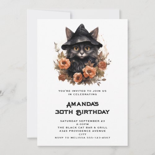 Cute Black Cat in a Witchs Hat Birthday Invitation