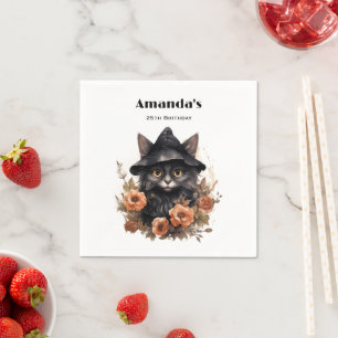 Cute Black Cat in a Witch's Hat Birthday Napkins