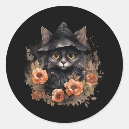 Cute Black Cat in a Witchs Hat Classic Round Sticker