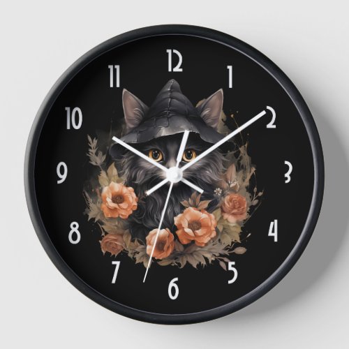 Cute Black Cat in a Witchs Hat Clock