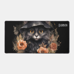 Cute Black Cat in a Witch's Hat Desk Mat