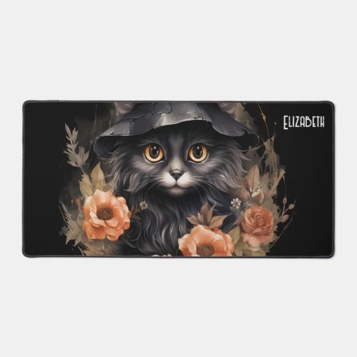 Cute Black Cat in a Witchs Hat Desk Mat