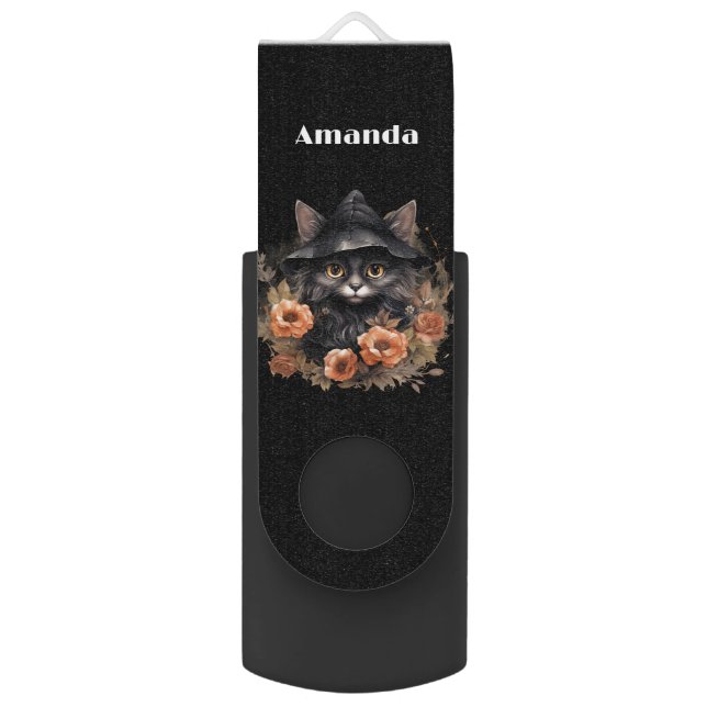 Cute Black Cat in a Witch's Hat Flash Drive (Front Vertical)