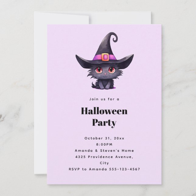 Cute Black Cat in a Witch's Hat Halloween Party Invitation (Front)
