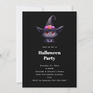 Cute Black Cat in a Witch's Hat Halloween Party Invitation