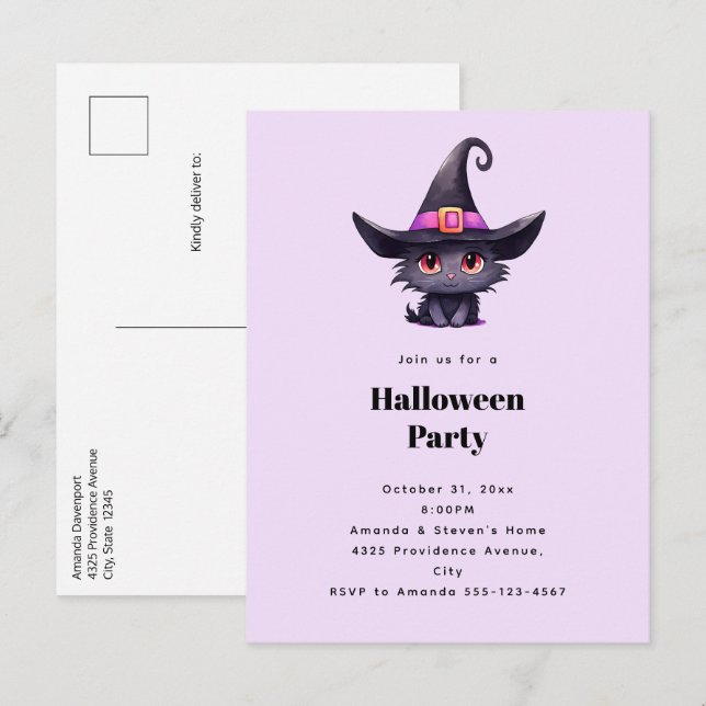 Cute Black Cat in a Witch's Hat Halloween Party Invitation Postcard (Front/Back)