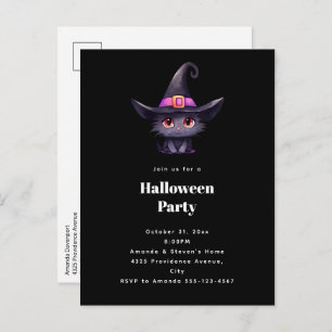 Cute Black Cat in a Witch's Hat Halloween Party Invitation Postcard