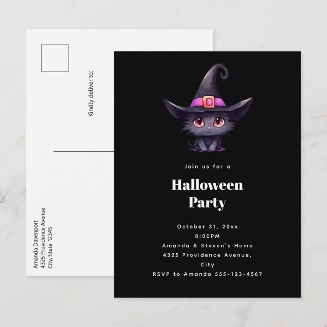 Cute Black Cat in a Witch's Hat Halloween Party Invitation Postcard (Front/Back)