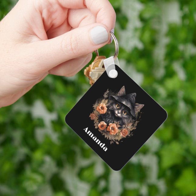 Cute Black Cat in a Witch's Hat Keychain (Hand)