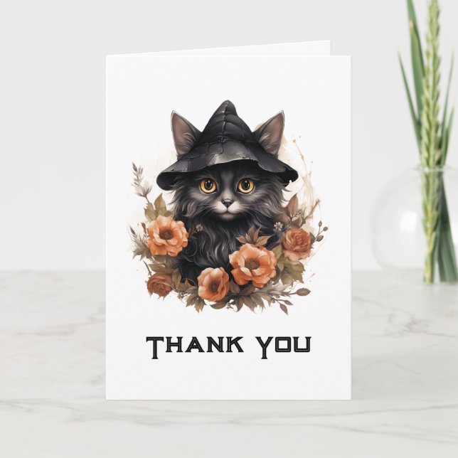 Cute Black Cat in a Witch's Hat Letterpress Thank You Card (Front)