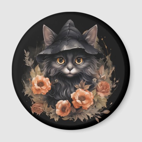 Cute Black Cat in a Witchs Hat Magnet