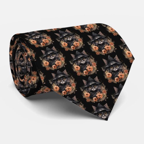 Cute Black Cat in a Witchs Hat Pattern Neck Tie