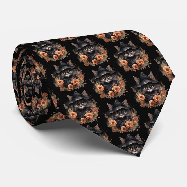 Cute Black Cat in a Witch's Hat Pattern Neck Tie (Rolled)