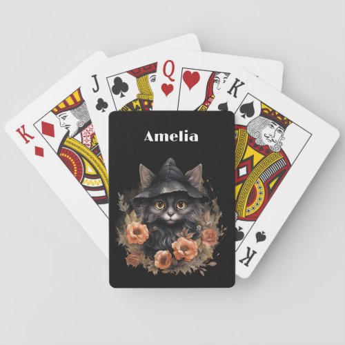 Cute Black Cat in a Witchs Hat Playing Cards