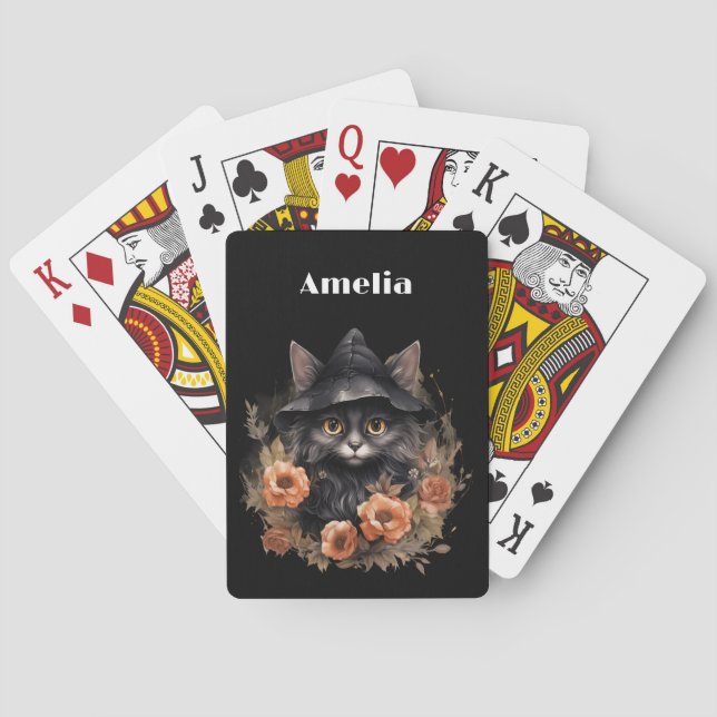 Cute Black Cat in a Witch's Hat Poker Cards (Back)