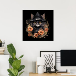Cute Black Cat in a Witch's Hat Poster