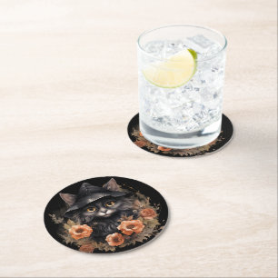 Cute Black Cat in a Witch's Hat Round Paper Coaster
