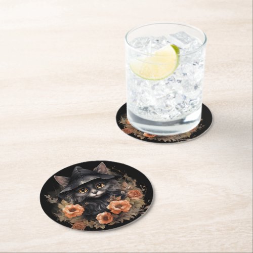 Cute Black Cat in a Witchs Hat Round Paper Coaster
