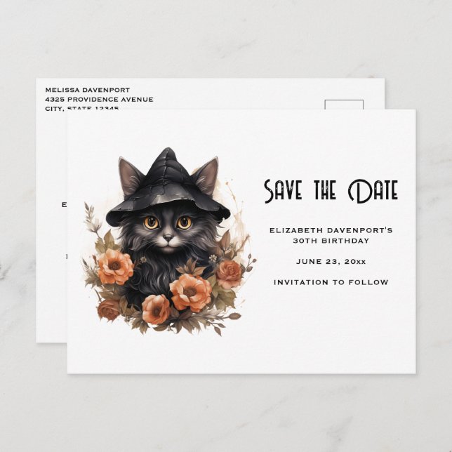 Cute Black Cat in a Witch's Hat Save the Date Invitation Postcard (Front/Back)