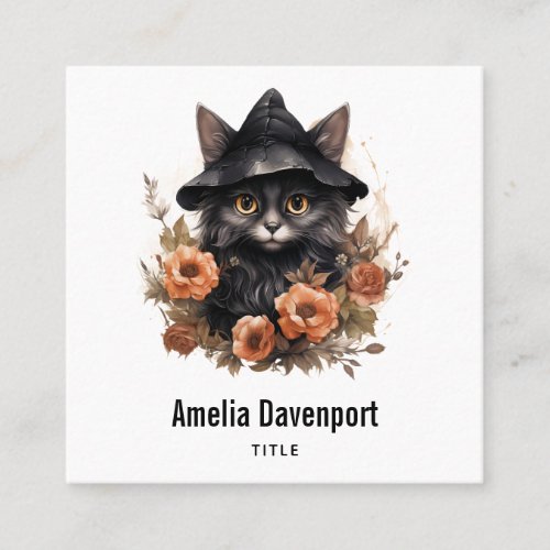 Cute Black Cat in a Witchs Hat Square Business Card