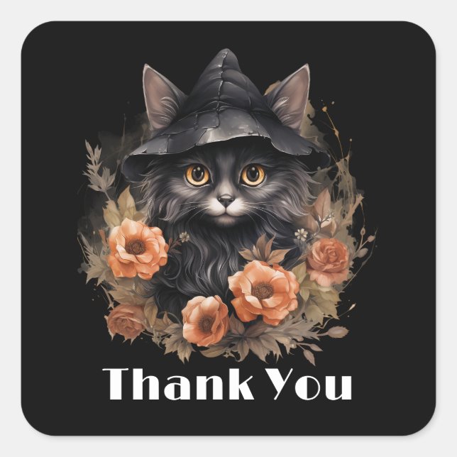 Cute Black Cat in a Witch's Hat Square Sticker (Front)