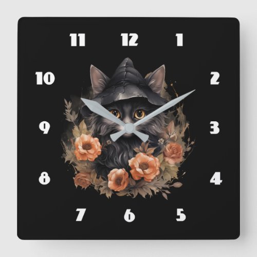 Cute Black Cat in a Witchs Hat Square Wall Clock