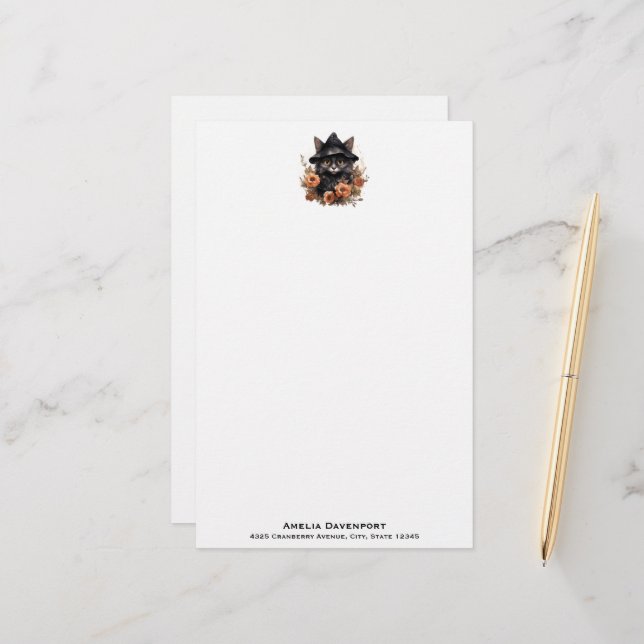 Cute Black Cat in a Witch's Hat Stationery (Front/Back In Situ)