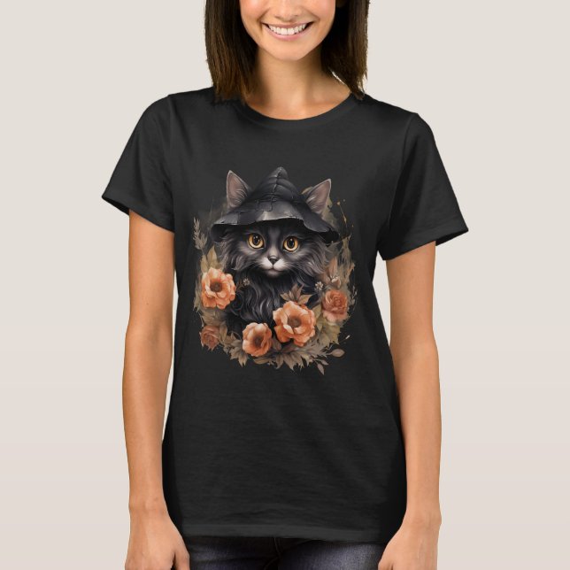 Cute Black Cat in a Witch's Hat T-Shirt (Front)