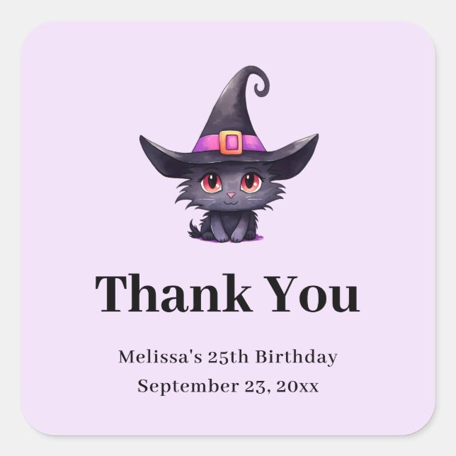 Cute Black Cat in a Witch's Hat Thank You Party Square Sticker (Front)