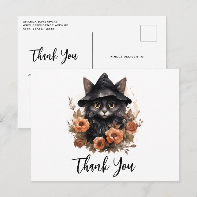 Cute Black Cat in a Witch's Hat Thank You Postcard (Front/Back)