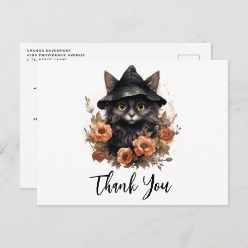 Cute Black Cat in a Witchs Hat Thank You Postcard