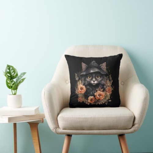 Cute Black Cat in a Witchs Hat Throw Pillow