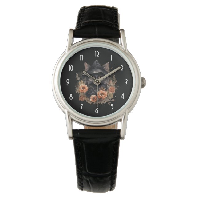 Cute Black Cat in a Witch's Hat Watch (Front)