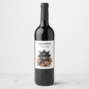 Cute Black Cat in a Witch's Hat Wine Label