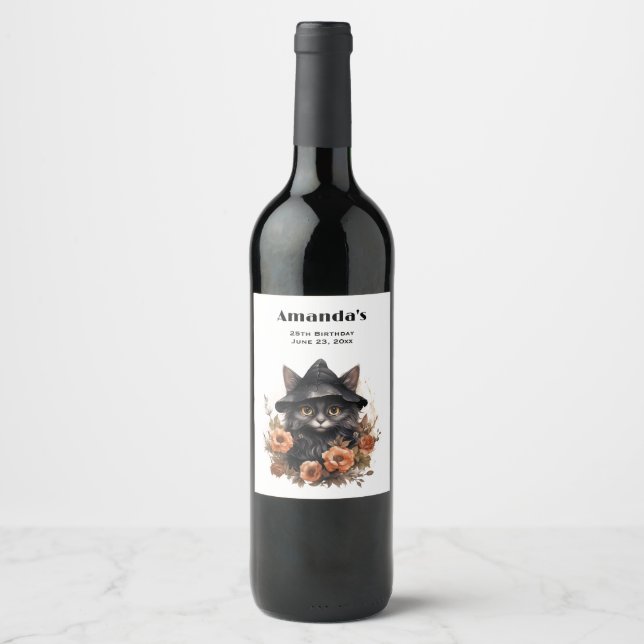Cute Black Cat in a Witch's Hat Wine Label (Front)