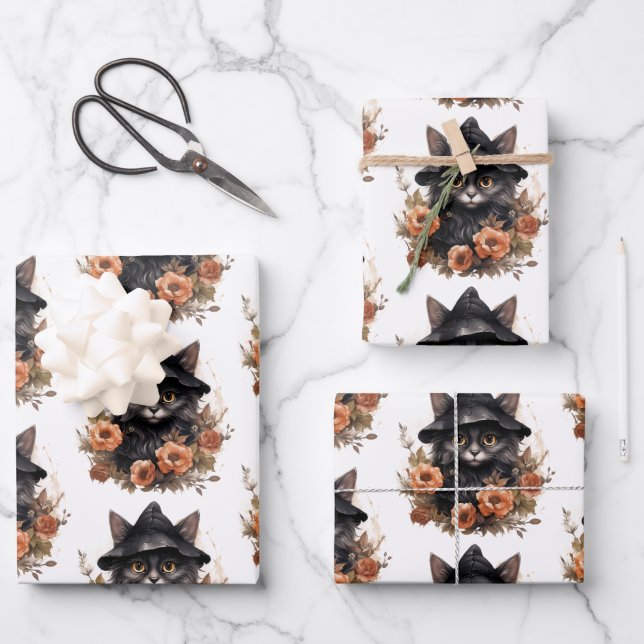 Cute Black Cat in a Witch's Hat Wrapping Paper Sheets (Front)