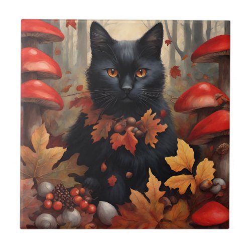 Cute Black Cat in Autumn Forest Ceramic Tile